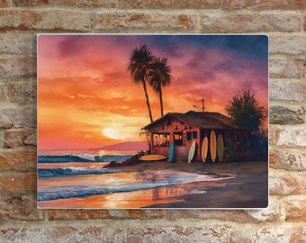 Sunset Beach Surf Shack Art Print – Coastal Palm Tree Wall Decor