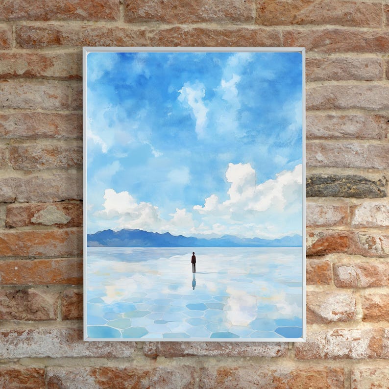 May include: A painting of a lone figure standing in a vast, reflective landscape. The sky is a bright blue with fluffy white clouds, and the ground is a shimmering expanse of water. The figure is small and distant, creating a sense of solitude and contemplation.
