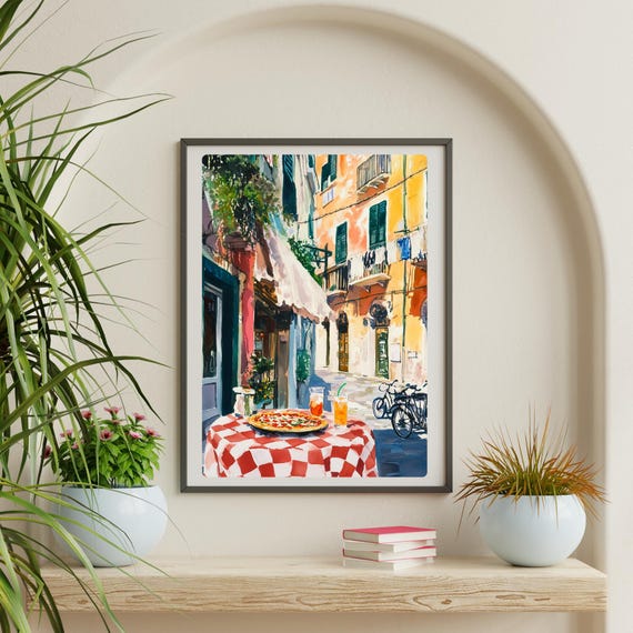 Naples Trattoria Art Print: Italian Pizza, Gouache Bistro Scene - Etsy