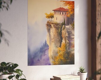 メテオラ修道院の水彩画：崖の上のギリシャの秋の風景 - Etsy 日本