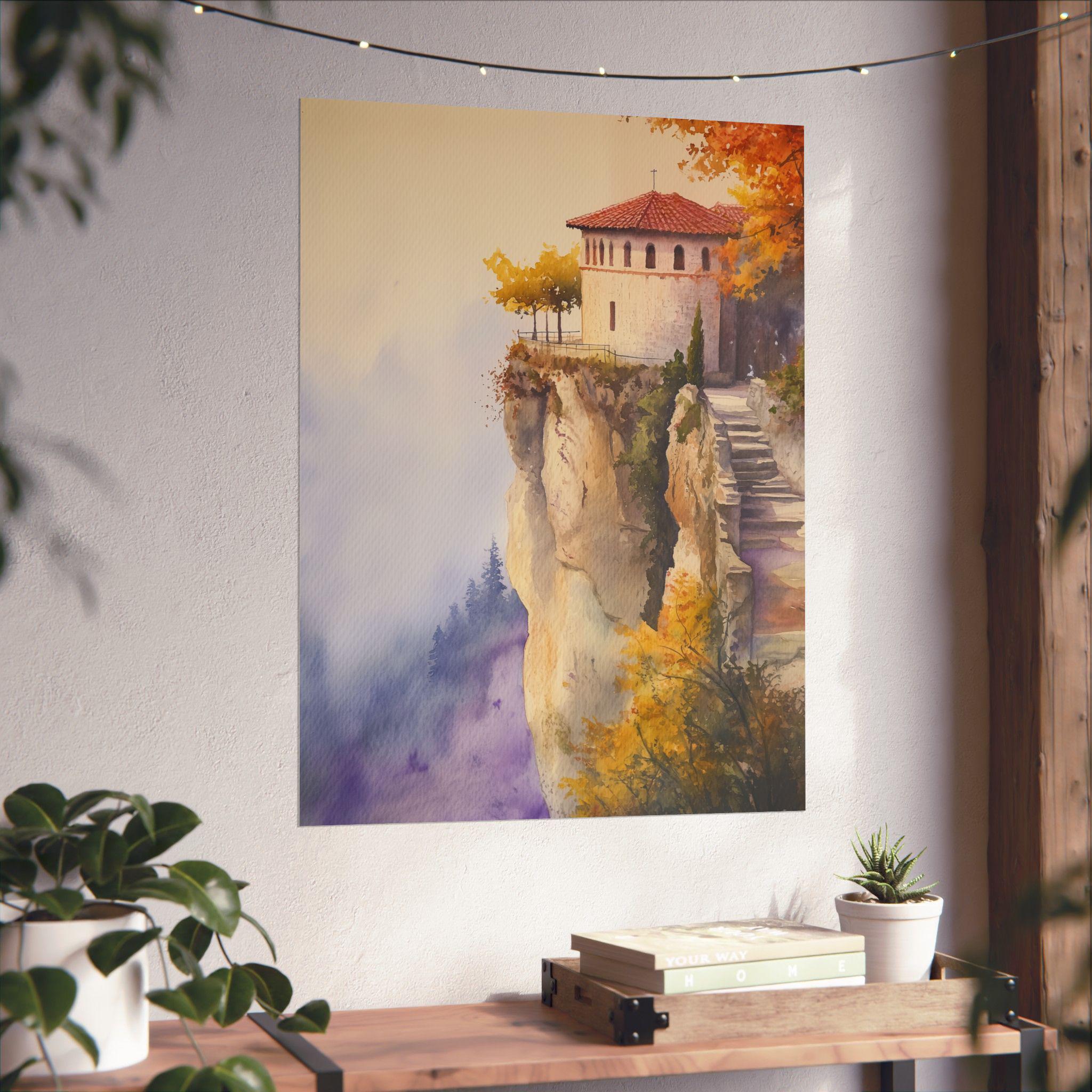 メテオラ修道院の水彩画：崖の上のギリシャの秋の風景 - Etsy 日本