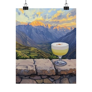 Peruwiański obraz pisco sour | Sztuka zachodu słońca w górach Andów | Wystrój podróży w Peru | Sztuka koktajli w Ameryce Południowej | Dekoracja ścienna do baru