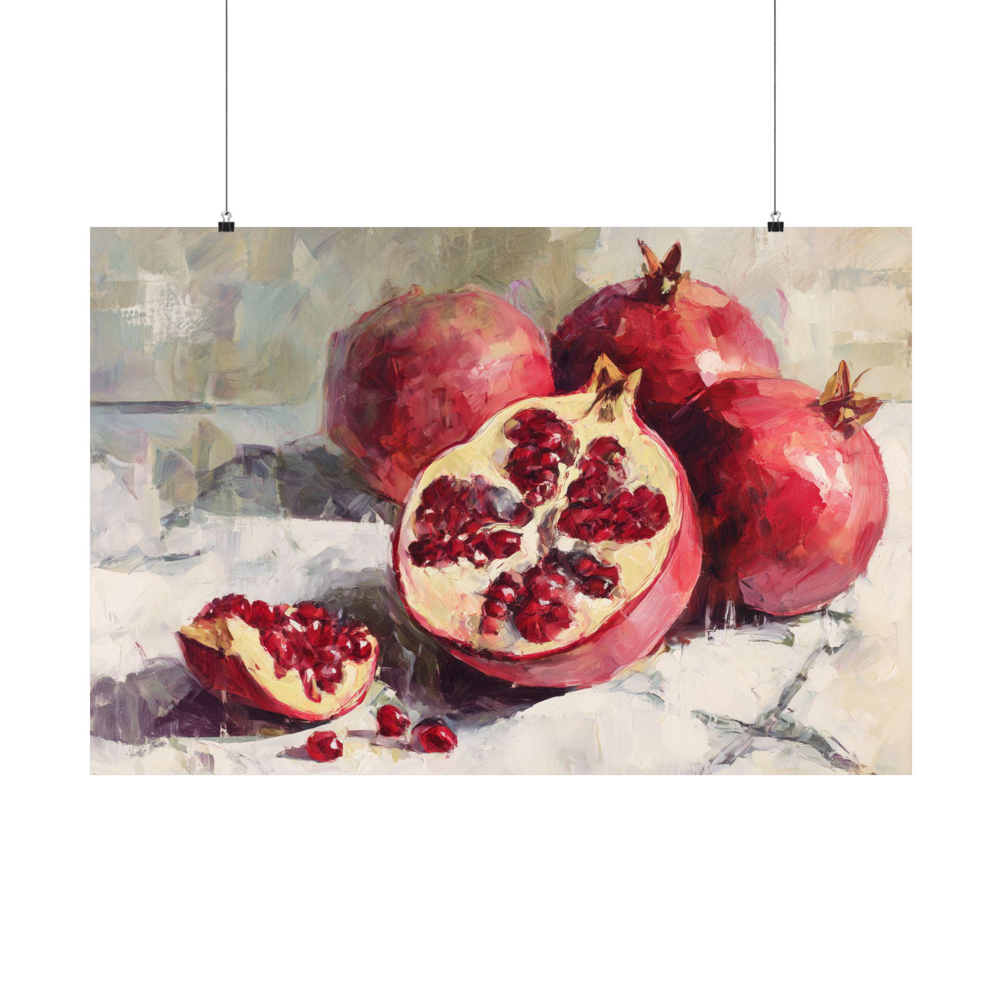 ザクロの静物画：鮮やかなキッチンの壁アート、モダンファームハウス 