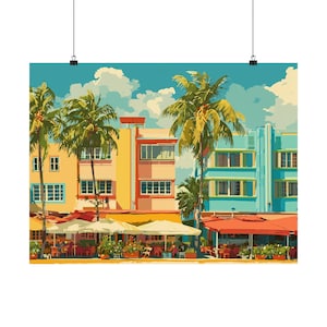 Impression d&#39;art South Beach Ocean Drive - art mural Miami rétro, impression d&#39;architecture art déco, scène de ville tropicale, décoration de voyage en Floride