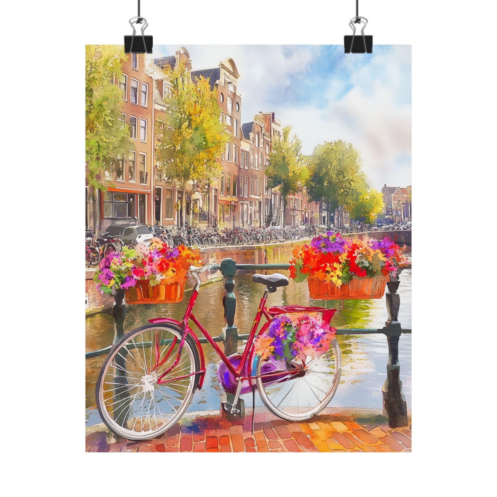 Amsterdam Bicycle Art Print: Dutch Canal Flowers, Cityscape Wall