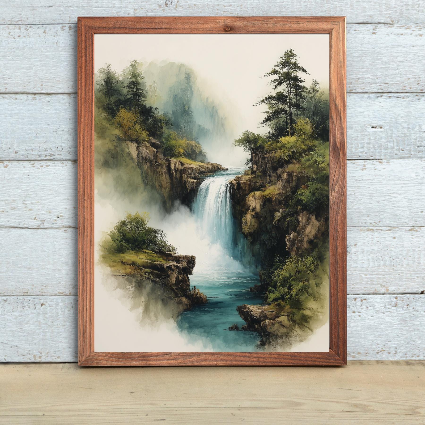 山の滝の版画：中国の水墨山水画 - Etsy 日本