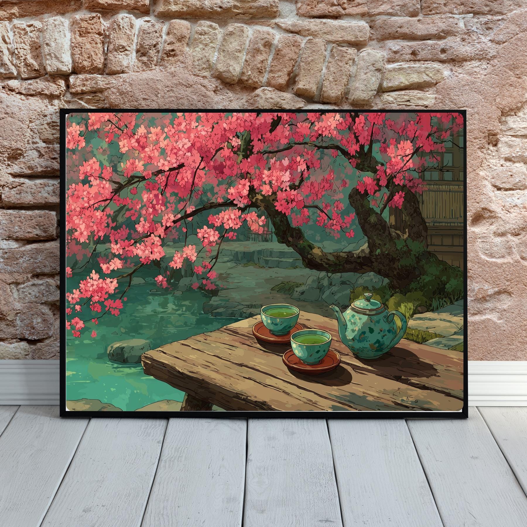日本庭園の水彩画アートプリント：桜、禅の茶室 - Etsy 日本