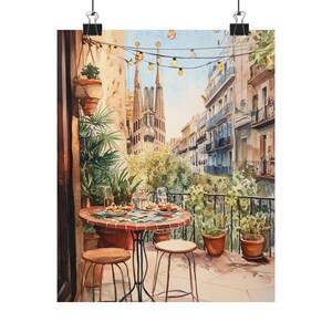 Stampa artistica ad acquerello sul balcone di Barcellona: scena del caffè El Born