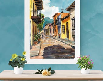 オアハカの街並みを描いたアートプリント：カラフルなメキシコの街並み