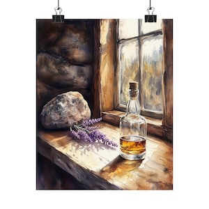 Akwarela Scottish Cottage | Sztuka martwej natury z whisky | Scena z lawendowym oknem | Rustykalny wystrój baru | Prezent na podróż do Szkocji