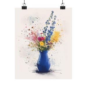 Cuadro de jarrón azul, arte salpicado de acuarela de flores silvestres, impresión de decoración del hogar, póster abstracto floral, arte de pared mate, hortensia