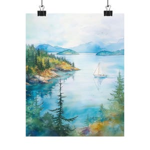 San Juan Islands Watercolor Painting: Pacific Northwest Sailboat Art Print
