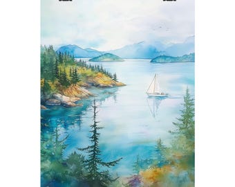 San Juan Islands Watercolor Painting: Pacific Northwest Sailboat Art Print