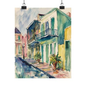 Arte vintage de Nova Orleans - aquarela da French Quarter Street, impressão arquitetônica de varanda, pintura de cidade da Louisiana, decoração com charme sulista