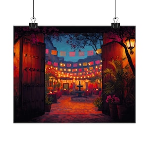 May include: A vibrant print of a courtyard scene at dusk, featuring open wooden doors leading to a festive gathering. Colorful papel picado banners hang above tables with red tablecloths, illuminated by string lights and a warm glow.