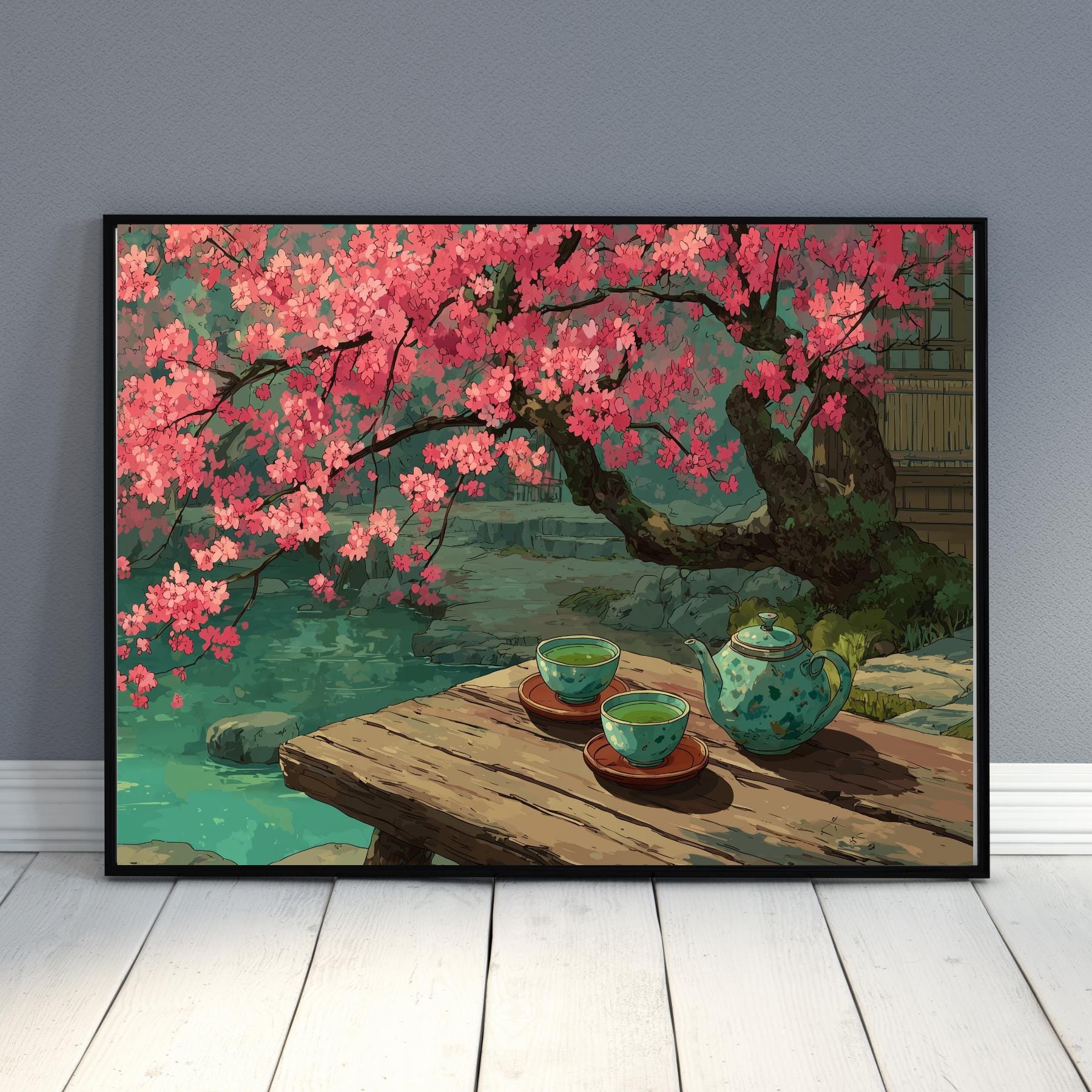日本庭園の水彩画アートプリント：桜、禅の茶室 - Etsy 日本