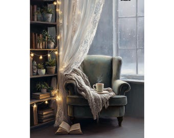 Puede incluir: Una impresión acogedora representa un rincón de lectura con un sillón verde, una manta de punto y una taza de café. Una estantería con plantas y libros está iluminada por luces de cadena. Una ventana con vista nevada y una cortina de encaje completan la escena.