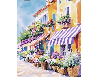 Op de afbeelding: Een aquarel schilderij van een straatbeeld met kleurrijke bloemen in manden voor winkels met gestreepte luifels. De gebouwen zijn geel en hebben ramen en deuren. De lucht is blauw en er zijn wolken.