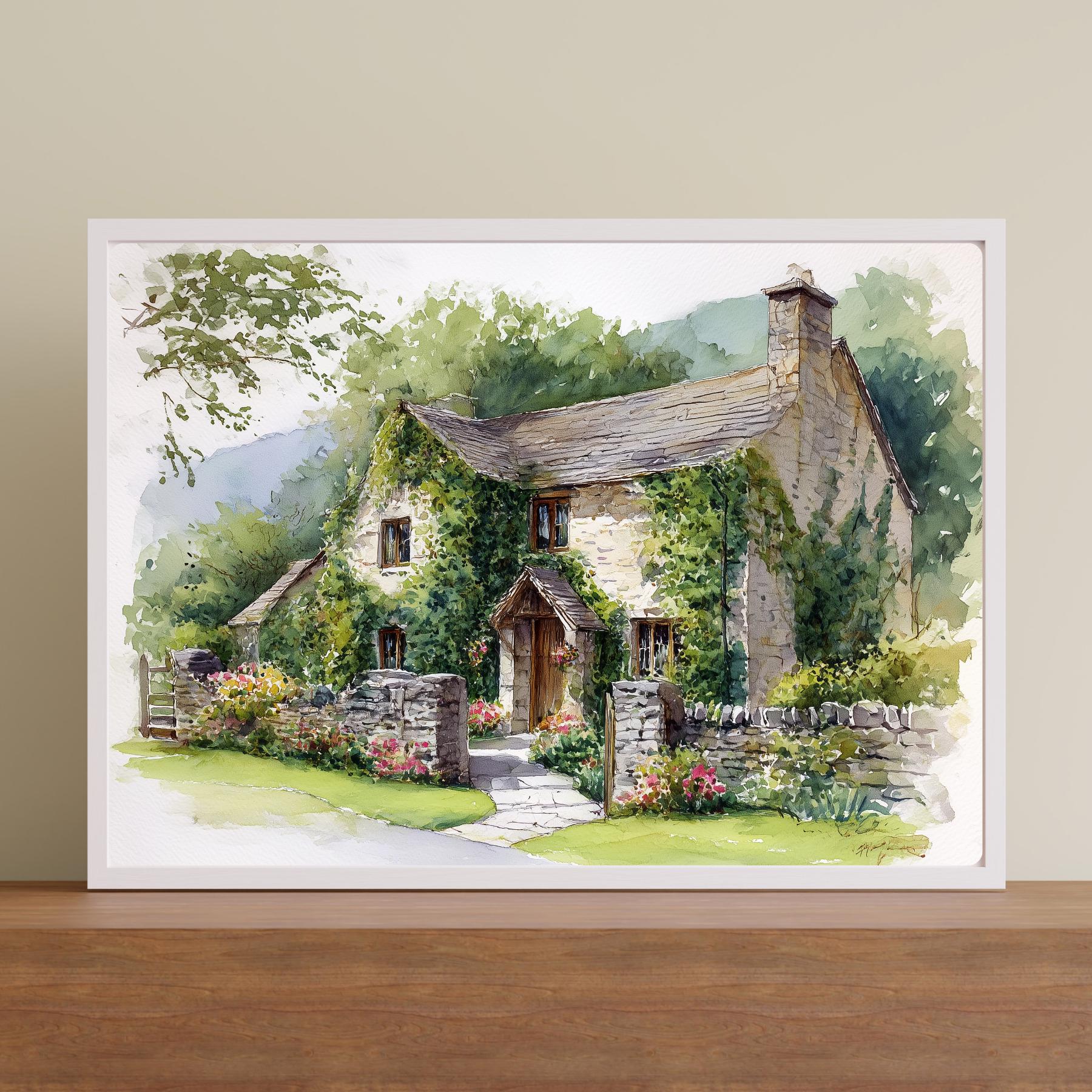 English Cottage Watercolor Art Print - Cotswolds Stone House - Etsy