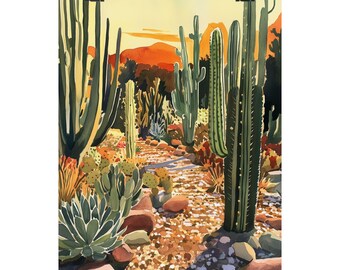 Cactus Garden Art Print: Desert Sunset Gouache Landscape