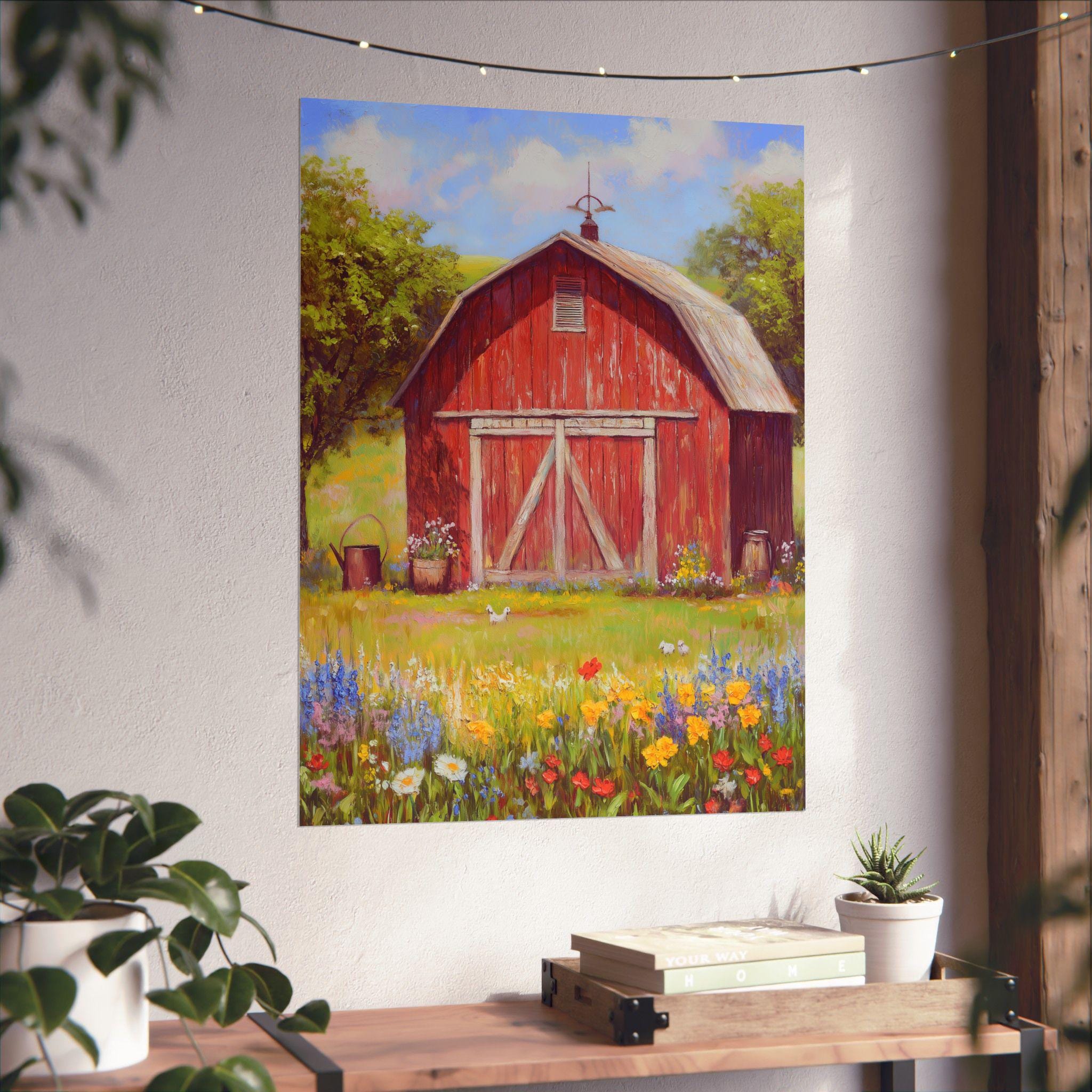 Red Barn Spring Art Print: Rustic Farmhouse Wildflower Field - Etsy