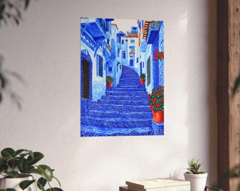 モロッコ ブルーシティ 水彩画ポスター：シェフシャウエンの旅のアート