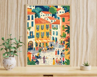 Italian Pizzeria Gouache Painting: Sunny European Cafe Art Print