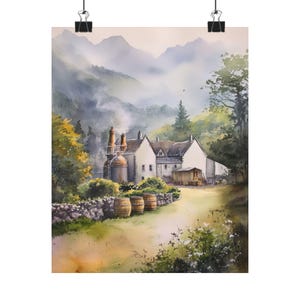 Scottish Distillery Art Print | Highlands Watercolor Painting | Scotch Whiskey Landscape | Scotland Travel Poster | European Art