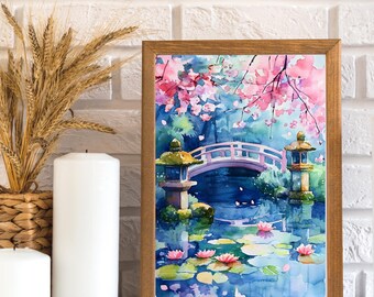 日本庭園の水彩画：桜、禅橋、鯉の池 - Etsy 日本