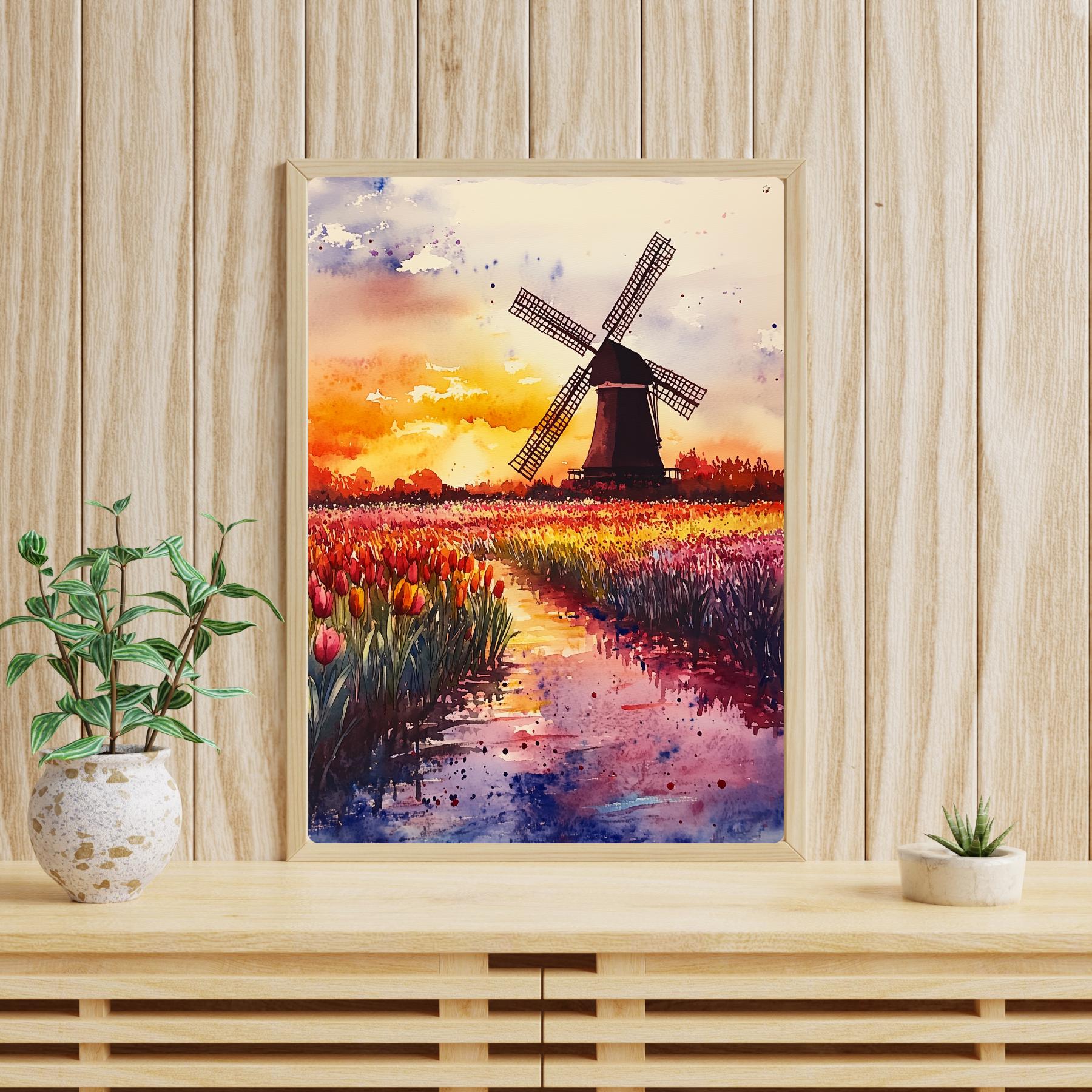 オランダの風車の水彩画：チューリップ畑の夕焼け風景 - Etsy 日本