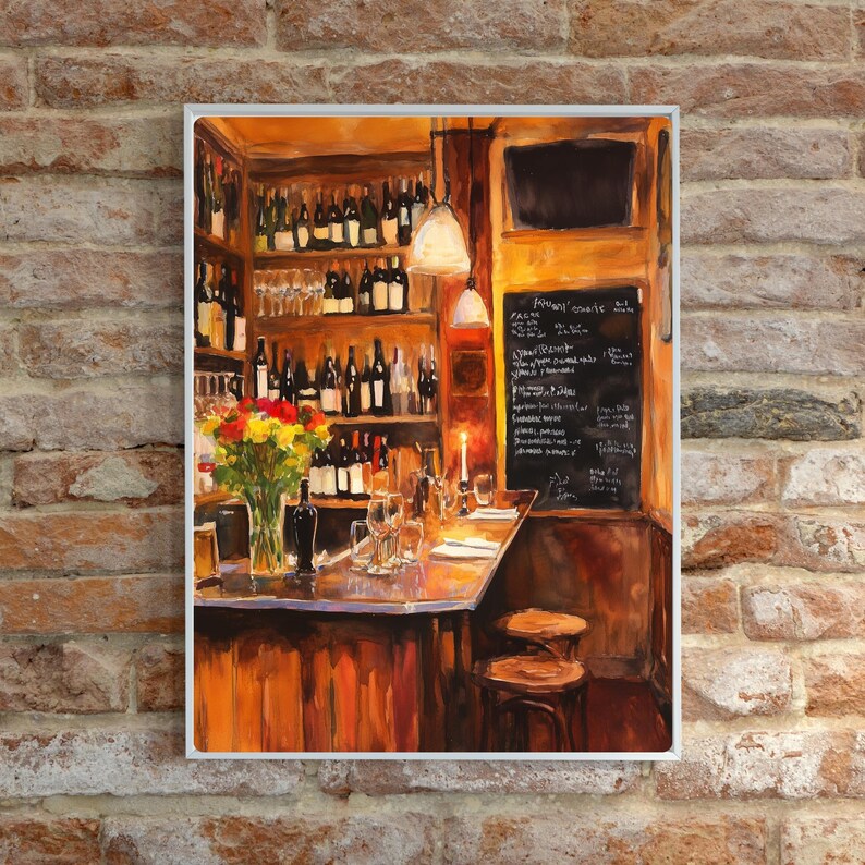 May include: A watercolor painting of a bar interior with a wooden bar counter, shelves stocked with wine bottles, and a chalkboard menu listing various wine options. The bar is dimly lit with a warm, inviting atmosphere.