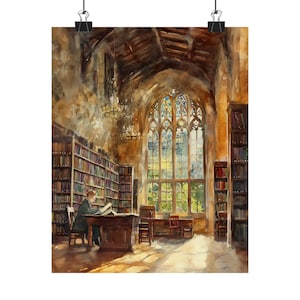 Oxford Library Art Print | Grand Reading Room Painting | Bookworm Wall Decor | University Study | Library Architecture | Bookshop Print