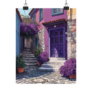 May include: A colourful print depicting a European street scene. A purple door and building are set against stone walls and steps. Purple flowers in pots and a flowering tree add colour. The cobbled street leads to a distant archway.