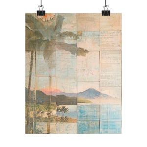 Costa Rica Mixed Media Print | Tropical Mountain Landscape | Central American Palm Trees | Volcano Art | Vintage Style Costa Rican Art