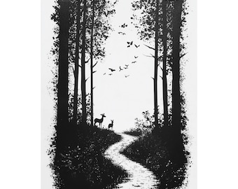 Waldsilhouette Kunstdruck: Schwarzweiße Hirschlandschaft
