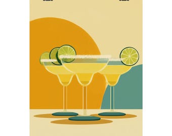Könnte beinhalten: Ein Poster mit drei Margarita-Cocktails. Die Getränke befinden sich in klassischen Margarita-Gläsern, garniert mit Limettenscheiben und Salz. Der Hintergrund hat eine orangefarbene Sonnenform und ein teal- und beigefarbenes Farbschema.