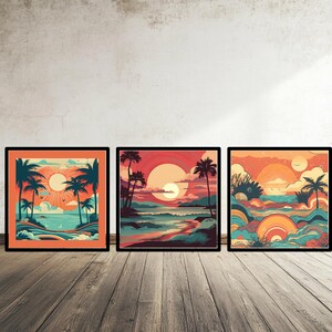Retro Beach Prints: Sunset Ocean Waves Art (Digital Download)