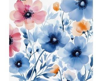 Impresión artística de acuarela floral azul y rosa: pintura abstracta de flores