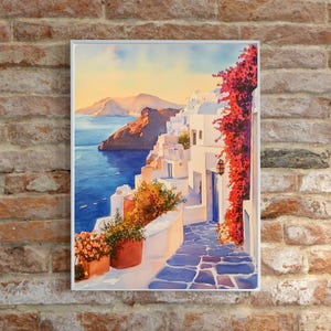 Santorini Greece Watercolor Print - Mediterranean Sunset Wall Art - Blue Aegean Sea View - Greek Islands Coastal Decor