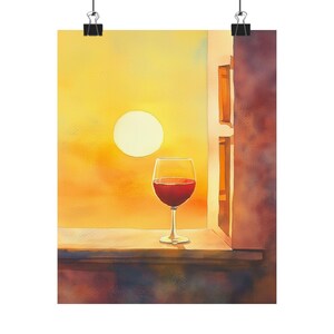 Minimalist Red Wine Watercolor Print - Sunset Terrace Art, Modern Wall Decor, Evening Drink Scene, Wine Lover Gift, Stylish Bar Artwork