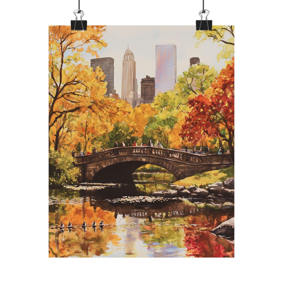 Central Park Art | Autumn Scene Painting | NYC Skyline Print | Pond ...