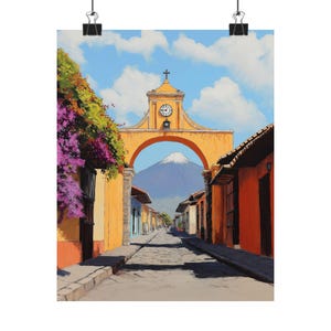 Santa Catalina Arch Gouache Style Painting, Volcano de Agua , Wall Art Decor, Home Office Decor, Guatemala Travel