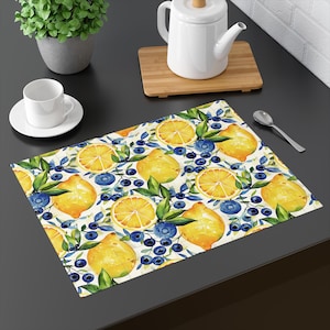 Vibrant Cotton Placemats | Lemon and Blueberry Design | Durable & Machine-Washable | 18x14 Inches