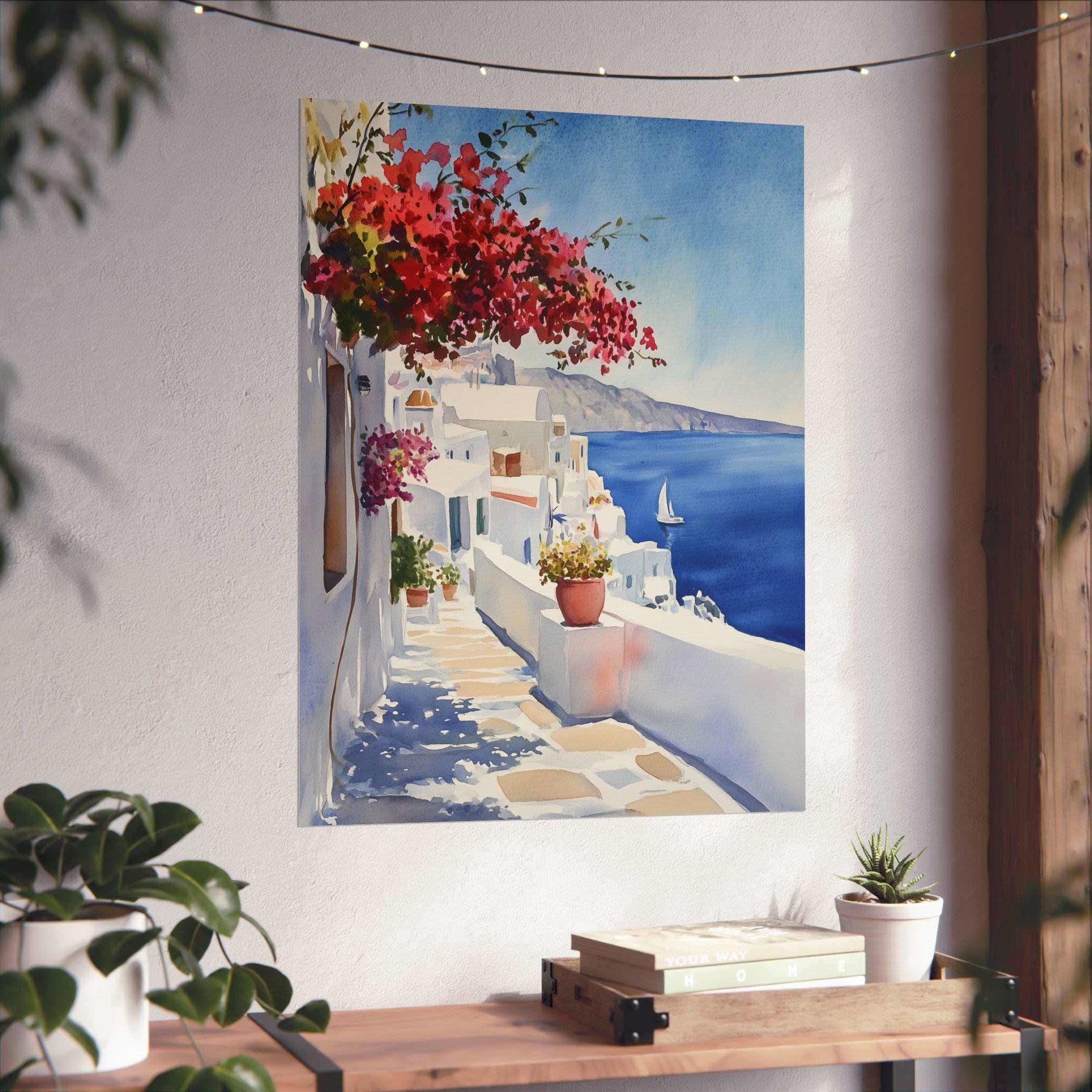 サントリーニ島の水彩画：ギリシャの島の村、ブーゲンビリアの壁画