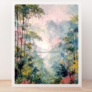 May include: Watercolor painting of a lush rainforest scene. A suspension bridge spans the distance, surrounded by dense foliage in shades of green, yellow, and red. The sky is a soft blend of pink and blue, creating a serene and vibrant landscape.