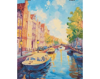 Stampa artistica ad acquerello del canale di Amsterdam: decorazione murale con paesaggio urbano olandese