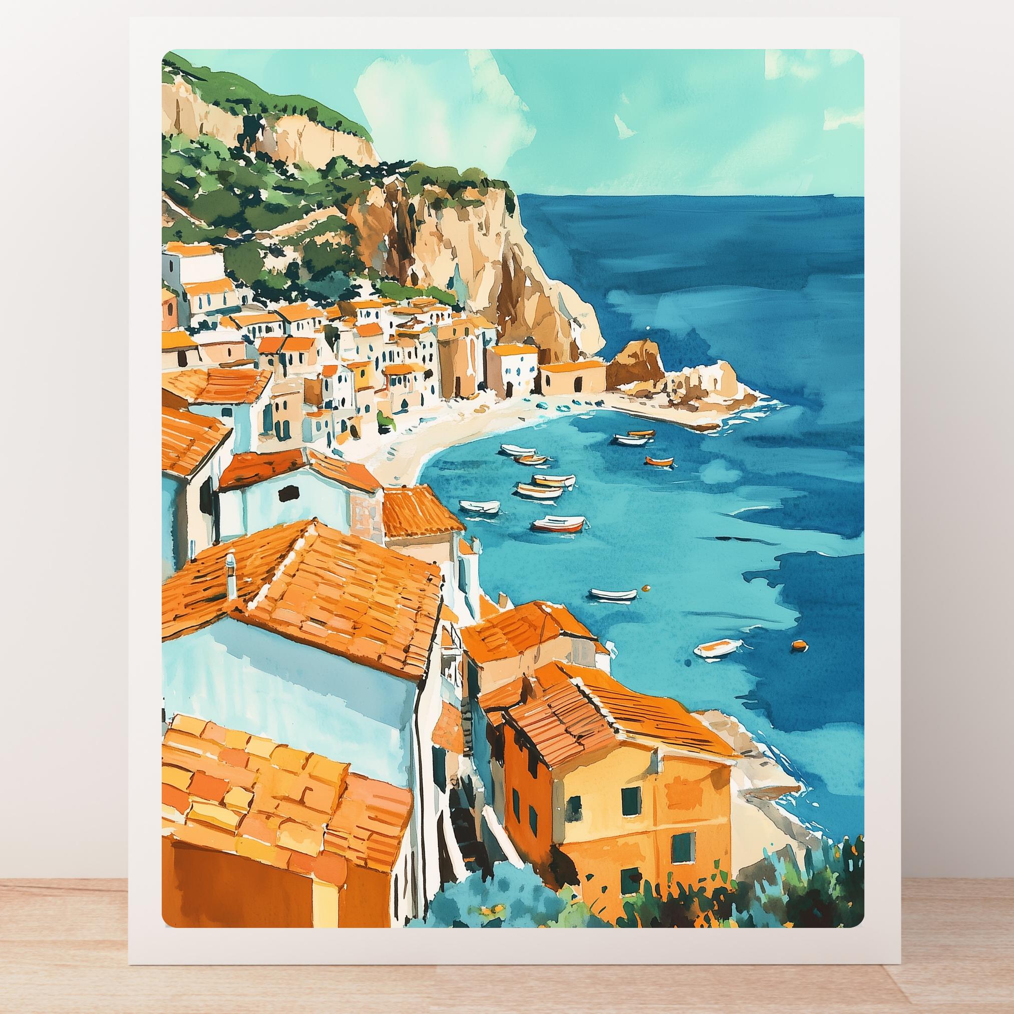 Sicilian Village Art Print: Italy Seaside, Terracotta Roof Decor