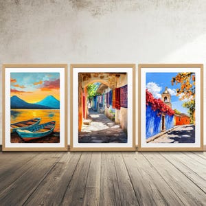 Guatemala Wall Art | Set of 3 Prints | Latin American Decor | Colonial Architecture | Lake Atitlan | Church Art | Textile Market Prints