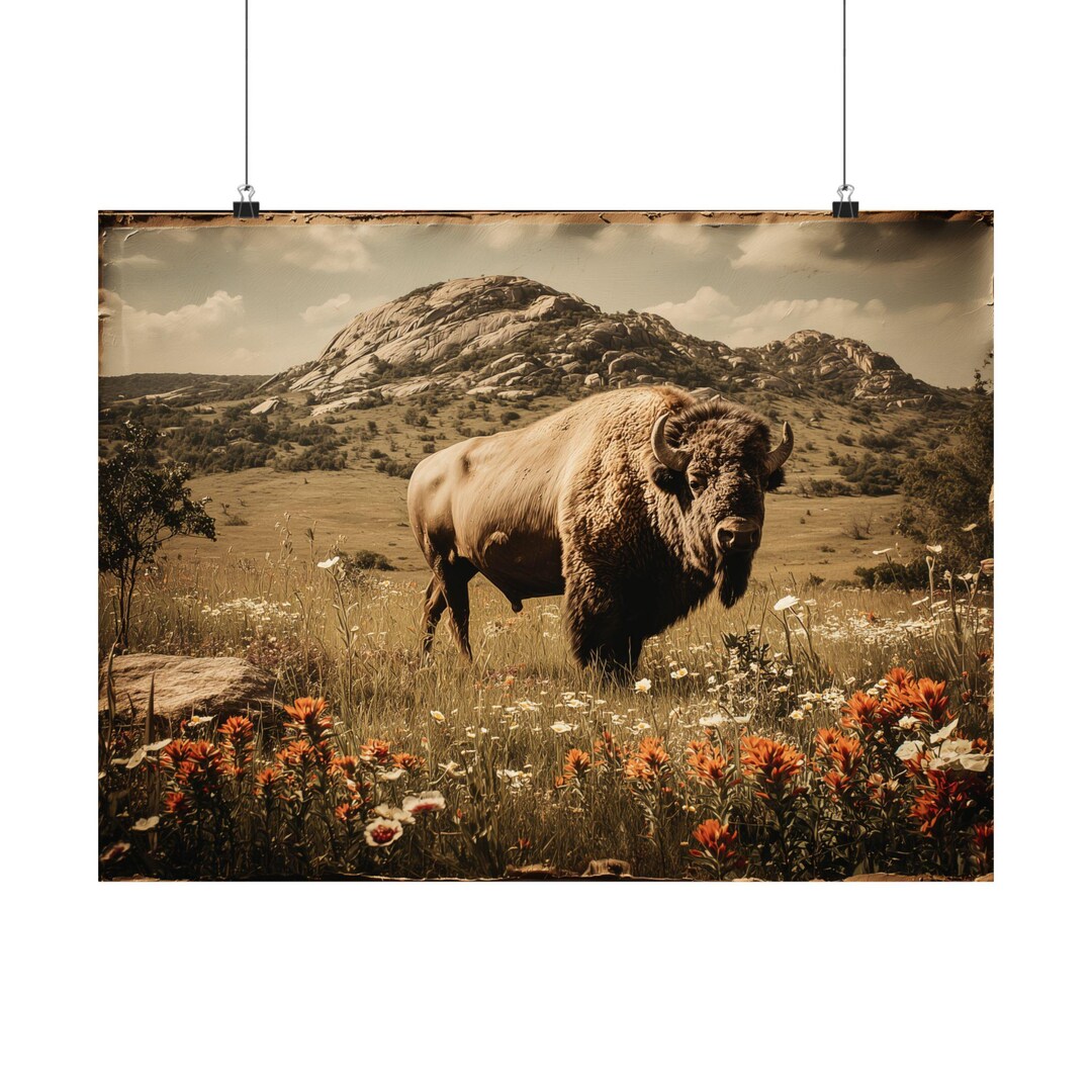 American Bison Art Print: Vintage Style Buffalo in Wildflower Field ...