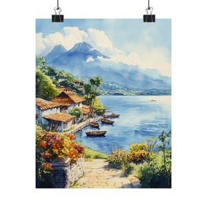 Lake Atitlan Watercolor Art Print, Guatemala Poster, Rainforest Landscape Wall Art, Mayan Village Decor, Lake Atitlán Painting